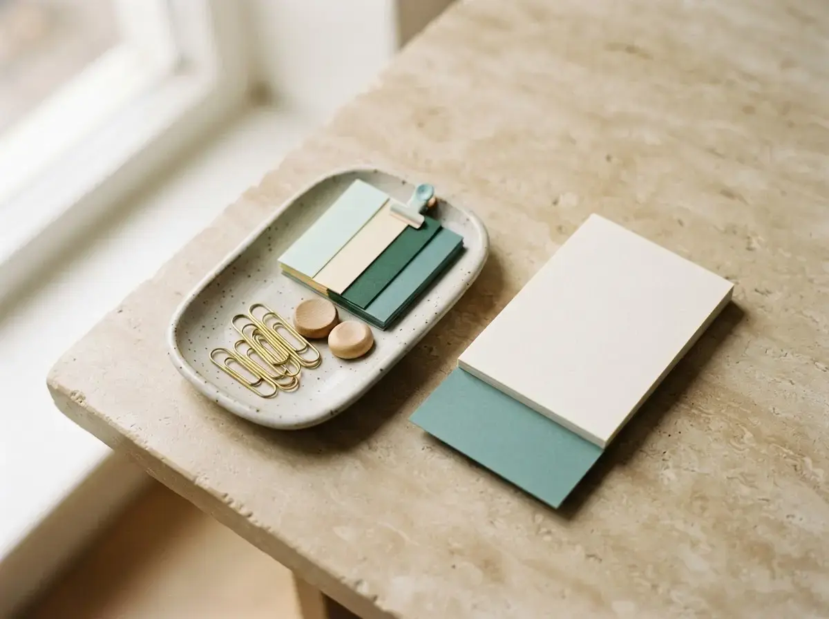 Ceramic tray with paper clips, wooden tokens and layered mint and cream cards on a stone surface.